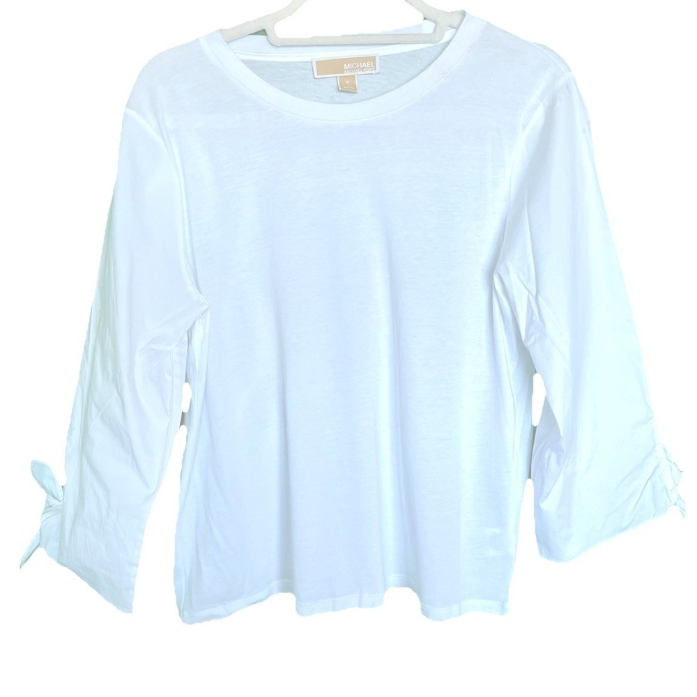 Michael Kors Women's Cotton|Modal White Top T-Shirt Size Medium Sleeves w.‎ Bow